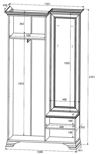 Mobilier hol cu oglinda IDENTO, alb, 115x44x210 cm