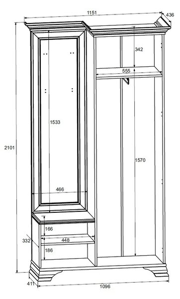 Mobilier hol cu oglinda IDENTO, alb, PAL, 115x44x210 cm