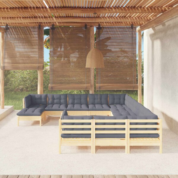 Set mobilier de grădină cu perne gri, 12 piese, lemn de pin