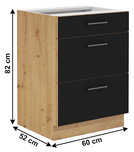 Dulap inferior de bucătărie Meriel 60 D 3S BB (negru + Stejar artisan). 1033978