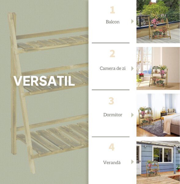 Outsunny Suport Pliabil pentru Plante din Lemn de Brad cu 3 Nivele, 100x37x93 cm, Lemn Natural | Aosom Romania