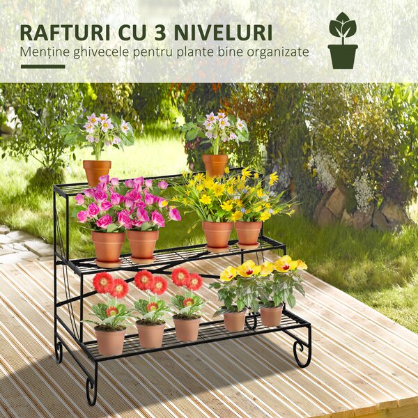 Outsunny Suport pentru Plante din Metal, Scară Suport pe 3 Niveluri pentru Ghivece de Grădina în Stil Vintage, 95x63x72 cm, Negru | Aosom Romania