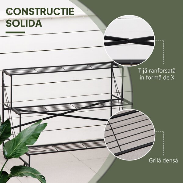 Outsunny Suport pentru Plante din Metal, Scară Suport pe 3 Niveluri pentru Ghivece de Grădina în Stil Vintage, 95x63x72 cm, Negru | Aosom Romania