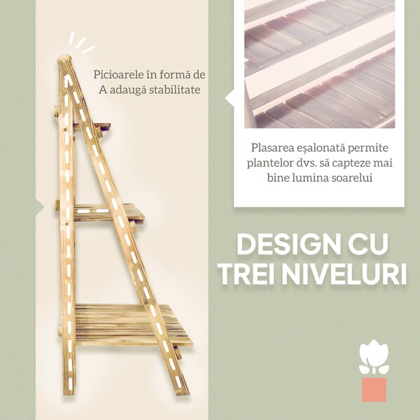 Outsunny Suport Pliabil pentru Plante din Lemn de Brad cu 3 Nivele, 100x37x93 cm, Lemn Natural | Aosom Romania