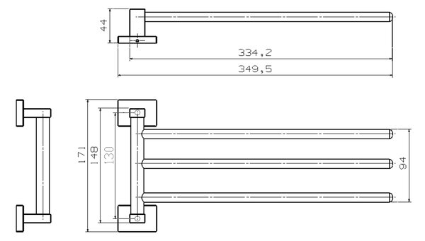 Aqualine Aqualine, suport triplu pentru prosoape APOLLO 350x44mm, crom, 1416-16