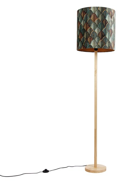 Lampă de podea din lemn cu abajur din catifea cu design frunze și interior auriu - Mels