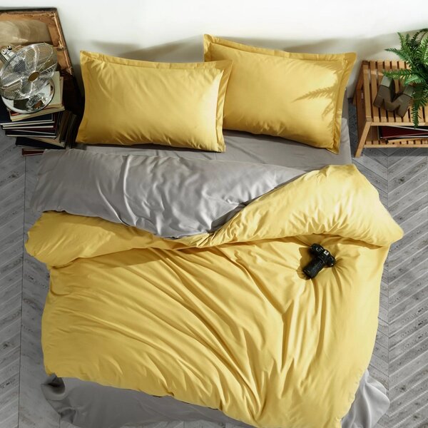 Lenjerie de pat dublu Bumbac 100% Ranforce 4 piese king size 240 x 260 cm, Moderna, Gri / Galben, Clasy PRESTIGE V5
