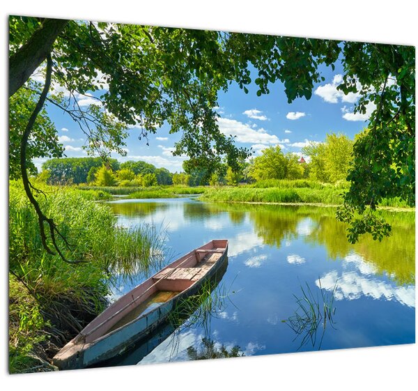 Tablou cu râu de vară și barcă (70x50 cm)