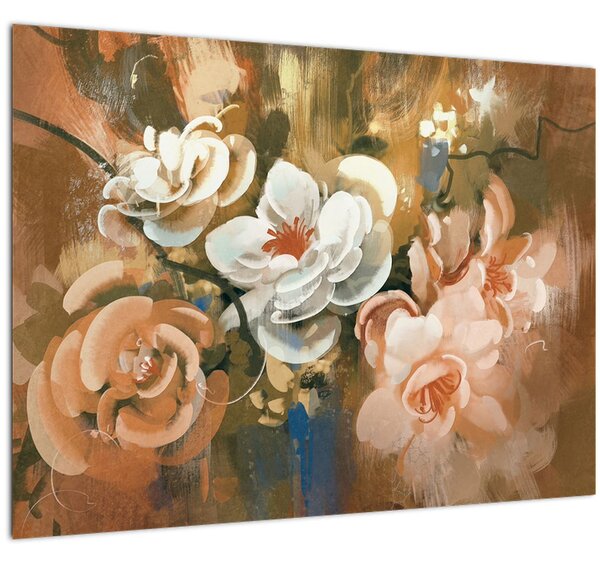 Tablou pe sticlă - Buchet de flori pictat (70x50 cm)