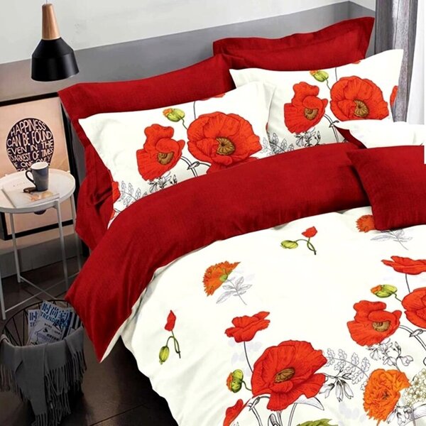 Lenjerie de pat dublu bumbac Finet 6 piese cu elastic la cearsaf 180 x 200 cm, Imprimeu floral, Rosu Alb, Ralex Pucioasa HF6P70