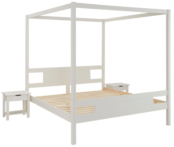 Pat cu baldachin si somiera alb Kyoto 140/200 cm, lemn masiv