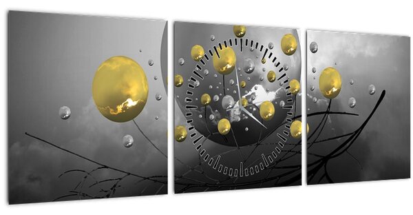 Tabloul cu bile abstracte aurii (cu ceas) (90x30 cm)