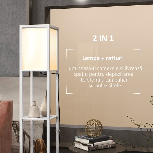 HOMCOM Lampă de Podea Modernă cu 2 Abajururi și 2 Rafturi, Lampă de Podea cu Întrerupător de Picior, 26x26x156 cm, Alb | Aosom Romania
