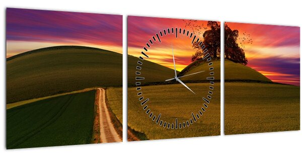 Tablou cu câmp și cerul colorat (cu ceas) (90x30 cm)