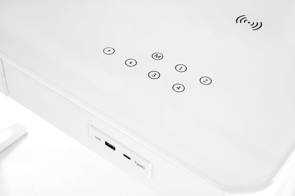 Birou B52, alb, sticla/metal, cu functie de reglare a inaltimii, 120x6