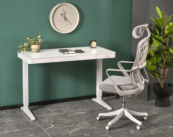 Birou B52, alb, sticla/metal, cu functie de reglare a inaltimii, 120x6