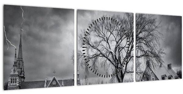 Tablou cu sat alb negru (cu ceas) (90x30 cm)