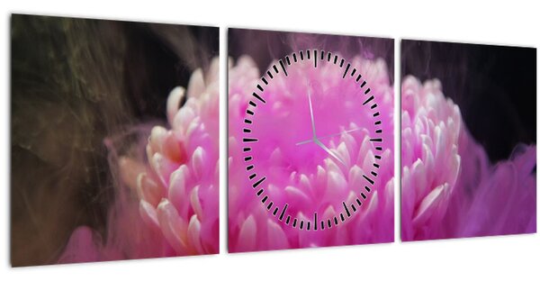 Tablou cu floare în fum roz (cu ceas) (90x30 cm)