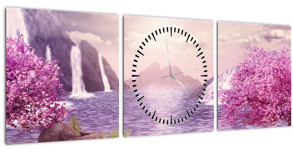 Tablou cu pomi roz cu lac (cu ceas) (90x30 cm)