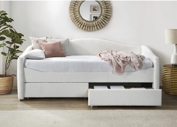 Pat 90x200 CAYDENCE, crem, stofa, cu spatiu depozitare, 99x216x94 cm