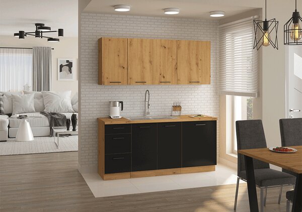 Dulap inferior de bucătărie sub chiuvetă Meriel 80ZL 2F BB (negru + Stejar artisan). 1033973