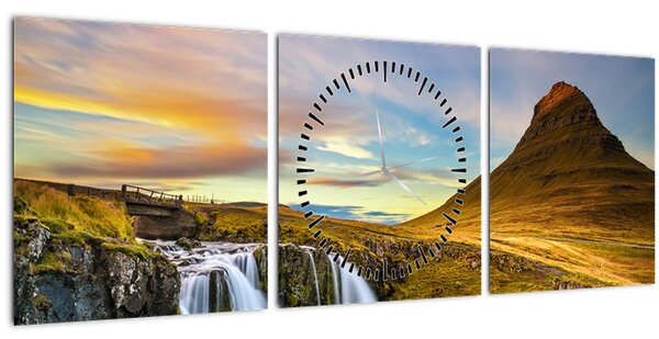 Tablou cu munții și cascade pe Islanda (cu ceas) (90x30 cm)