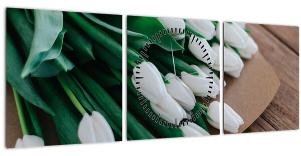 Tablou cu buchet de lalele albe (cu ceas) (90x30 cm)