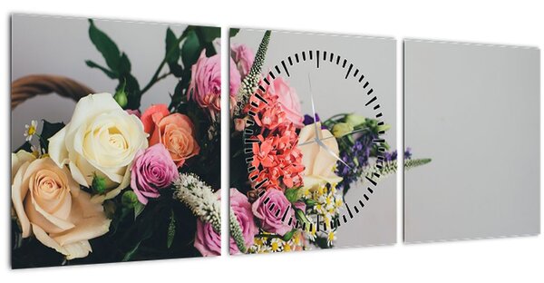 Tablou cu coș și flori (cu ceas) (90x30 cm)