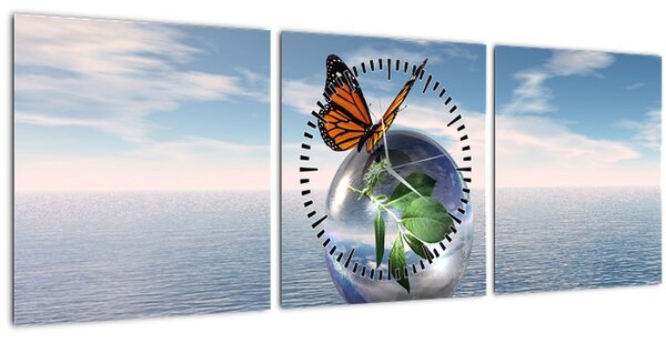 Tablou cu fluture pe bilă din sticlă (cu ceas) (90x30 cm)