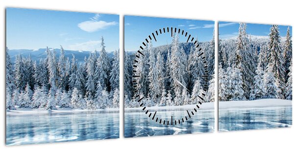Tablou cu lacul înghețat și copacii înzăpeziți (cu ceas) (90x30 cm)