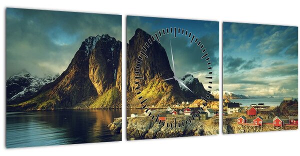 Tablou cu sat de pescari din Norvegia (cu ceas) (90x30 cm)