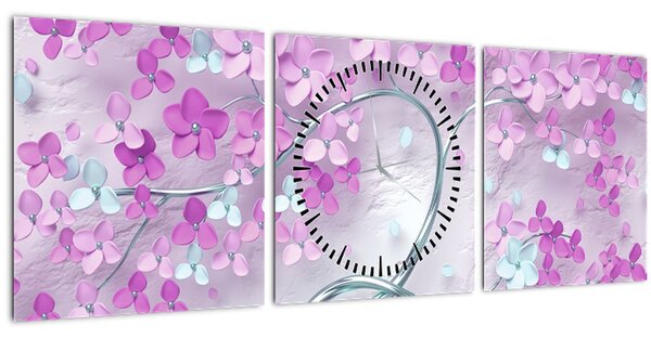 Tablouri cu flori pe trunchi argintiu - abstract (cu ceas) (90x30 cm)