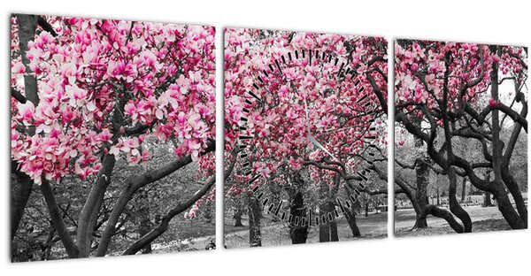 Tablou copacului magnolie (cu ceas) (90x30 cm)