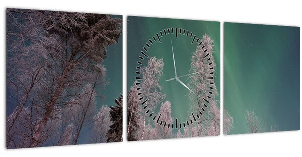 Tablou cu aurora borealis deasupra pomilor înghețați (cu ceas) (90x30 cm)