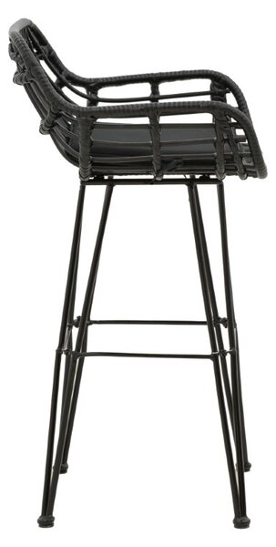 Scaun de bar pentru exterior, Model Naoki, culoare negru, metal si poliratan, 52x50x90 cm