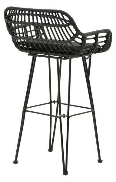 Scaun de bar pentru exterior, Model Naoki, culoare negru, metal si poliratan, 52x50x90 cm