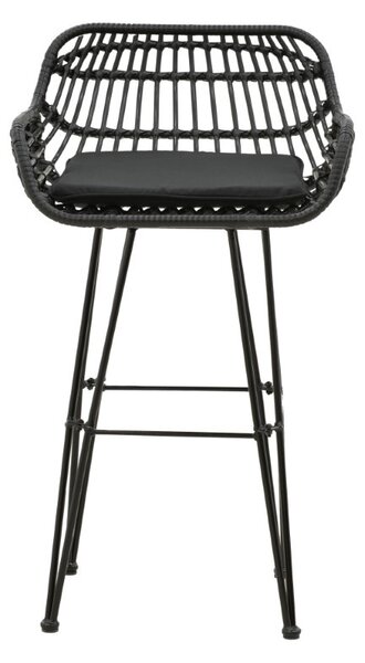 Scaun de bar pentru exterior, Model Naoki, culoare negru, metal si poliratan, 52x50x90 cm
