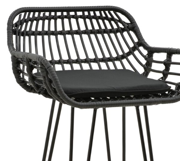 Scaun de bar pentru exterior, Model Naoki, culoare negru, metal si poliratan, 52x50x90 cm