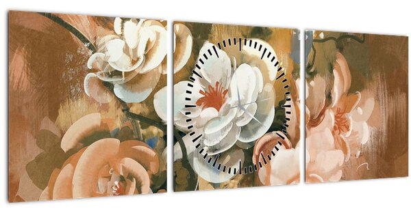 Tablou -Buchet de flori pictat (cu ceas) (90x30 cm)