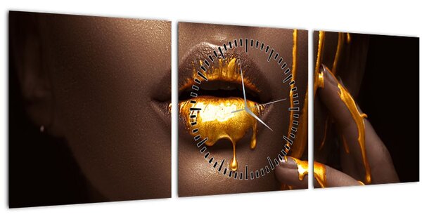 Tablou - Femeie cu buze aurii (cu ceas) (90x30 cm)