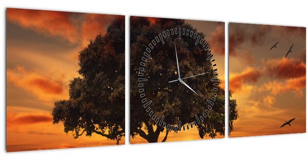 Tablou cu pomi și apus de soare (cu ceas) (90x30 cm)