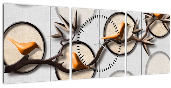 Tablou artistic - Păsărele pe creangă (cu ceas) (90x30 cm)