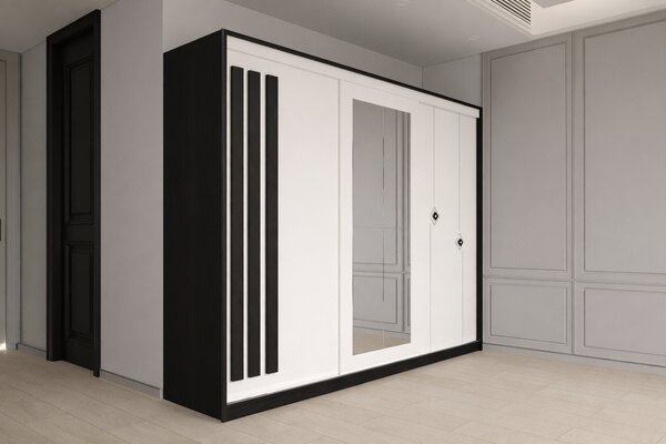 Dulap dressing Paris 3 usi cu oglinda, 200 cm, Lemn negru/Alb