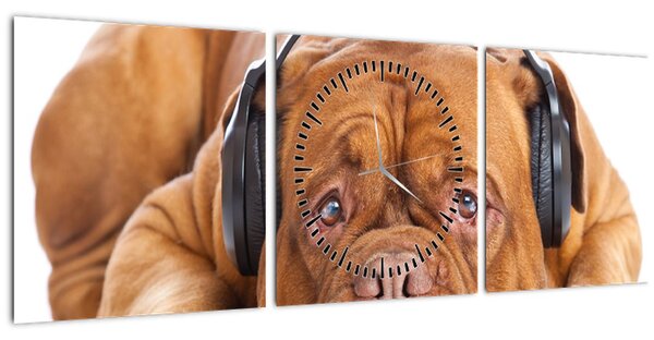 Tablou câinele cu căști (cu ceas) (90x30 cm)