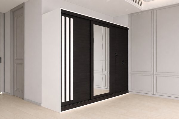 Dulap dressing Paris 3 usi cu oglinda, 200 cm, Alb/Lemn negru