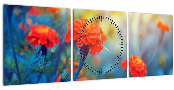 Tablou - Flori portocalii (cu ceas) (90x30 cm)