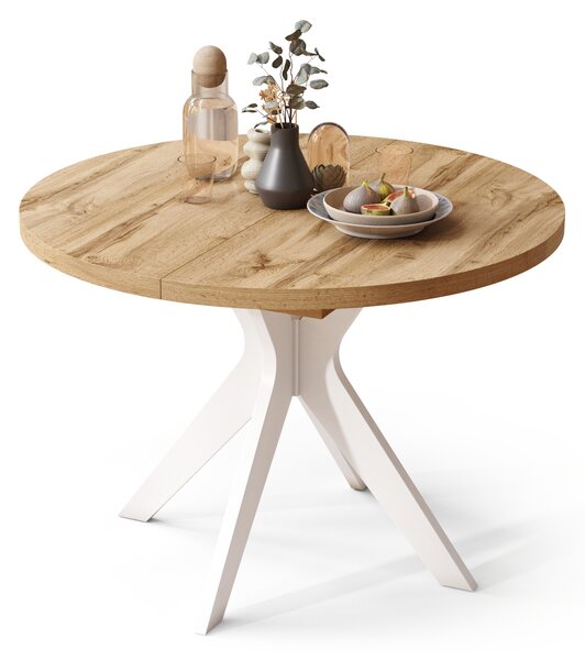 Mazzoni RENZO Stejar Wotan/picior alb - MASĂ ROTUNDĂ Ø110 EXTENSIBILĂ PÂNĂ LA 180 cm | PENTRU BUCĂTĂRIE SUFRAGERIE LIVING RETRO