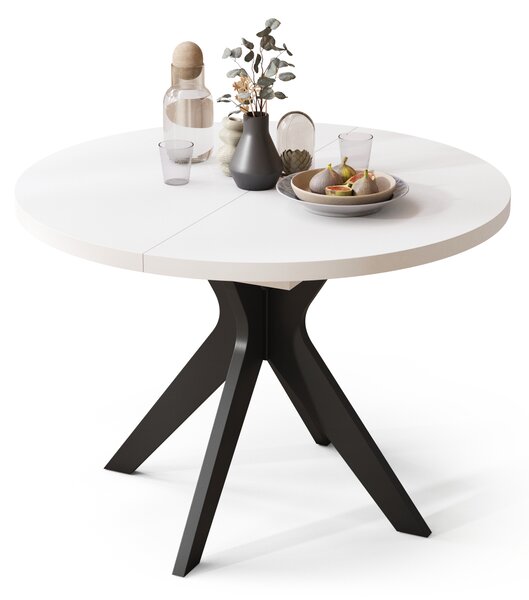 Mazzoni RENZO Alb/picior negru - MASĂ ROTUNDĂ Ø110 EXTENSIBILĂ PÂNĂ LA 180 cm | PENTRU BUCĂTĂRIE SUFRAGERIE LIVING RETRO