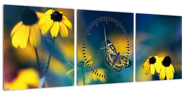 Tablou - Fluture galben și flori (cu ceas) (90x30 cm)
