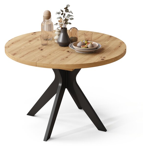 Mazzoni RENZO Stejar Artisan/picior negru - MASĂ ROTUNDĂ Ø110 EXTENSIBILĂ PÂNĂ LA 180 cm | PENTRU BUCĂTĂRIE SUFRAGERIE LIVING RETRO
